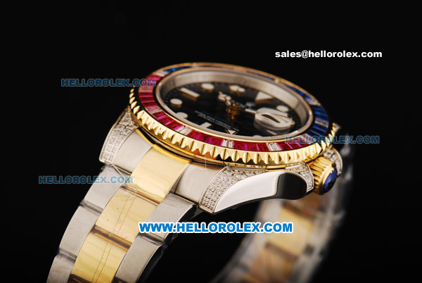 Rolex GMT Master II Swiss ETA 2836 Automatic Movement Black Dial with Colorful Diamond Bezel and Two Tone Strap - Click Image to Close